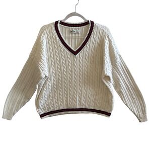 Hollister Womens Cable Knit Varsity V-Neck Sweater Cream Striped Size M